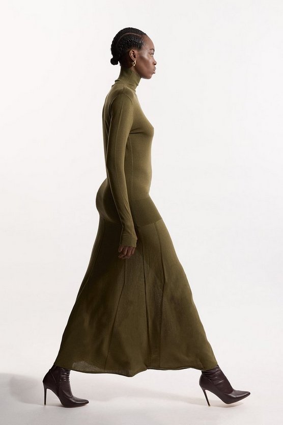 Wool Tencel Full Skirted Maxi Knit Dress