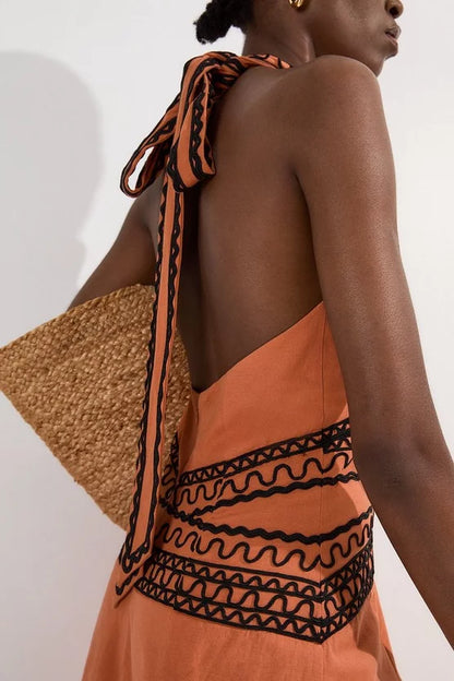 Embroidered Cotton Linen Woven Halter Dress