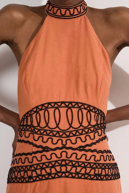 Embroidered Cotton Linen Woven Halter Dress