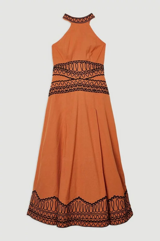 Embroidered Cotton Linen Woven Halter Dress
