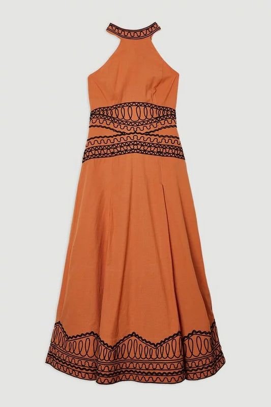 Embroidered Cotton Linen Woven Halter Dress
