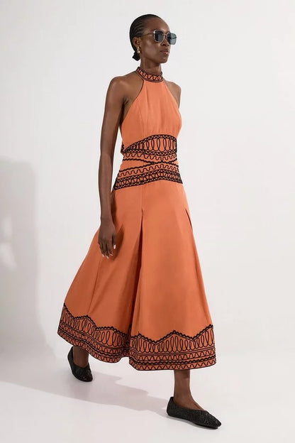 Embroidered Cotton Linen Woven Halter Dress