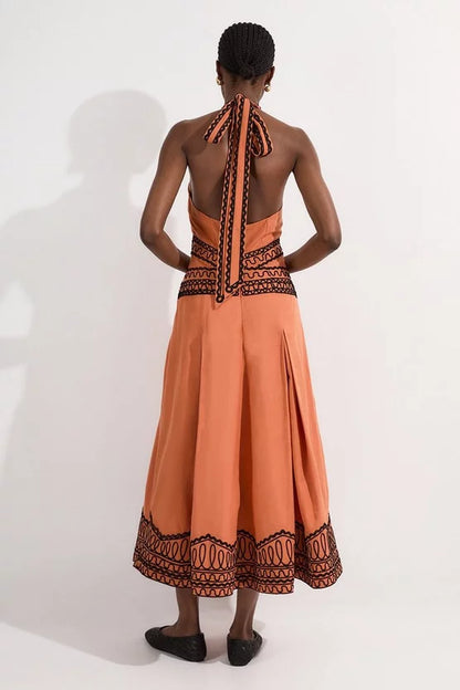 Embroidered Cotton Linen Woven Halter Dress