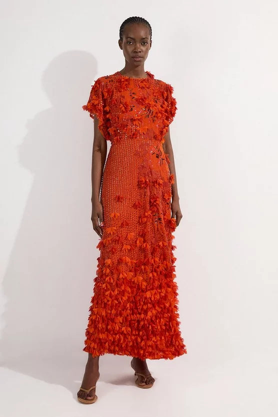 Embroidery And Applique Angel Sleeve Woven Maxi Dress