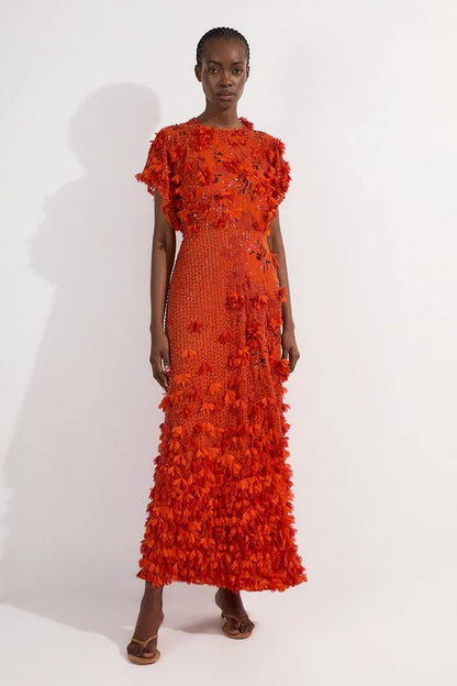 Embroidery And Applique Angel Sleeve Woven Maxi Dress