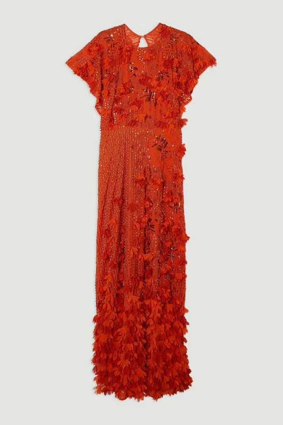 Embroidery And Applique Angel Sleeve Woven Maxi Dress