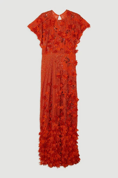 Embroidery And Applique Angel Sleeve Woven Maxi Dress