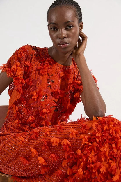 Embroidery And Applique Angel Sleeve Woven Maxi Dress