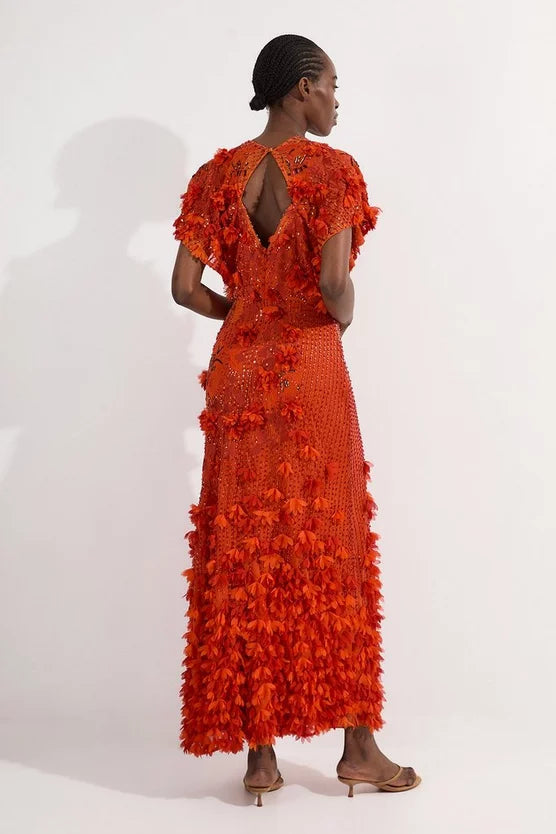 Embroidery And Applique Angel Sleeve Woven Maxi Dress