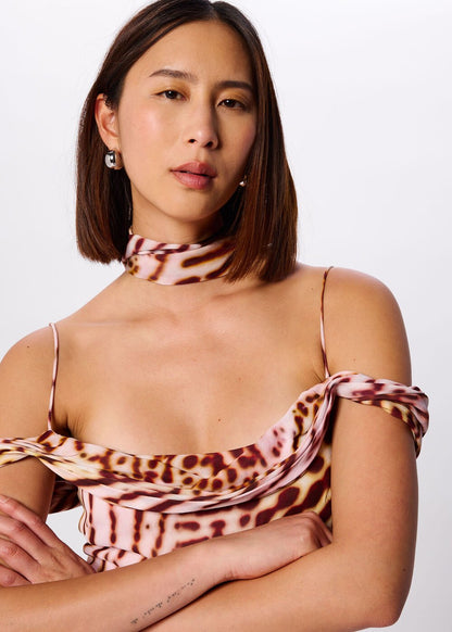 Pink/Multi Orchid Print Scarf Midi Dress