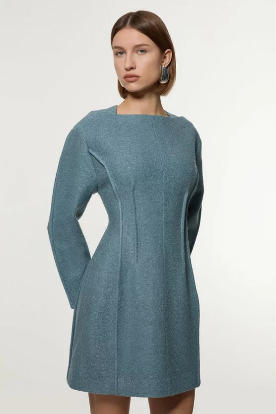 Textured Wool Blend Darted Tailored Mini Dress