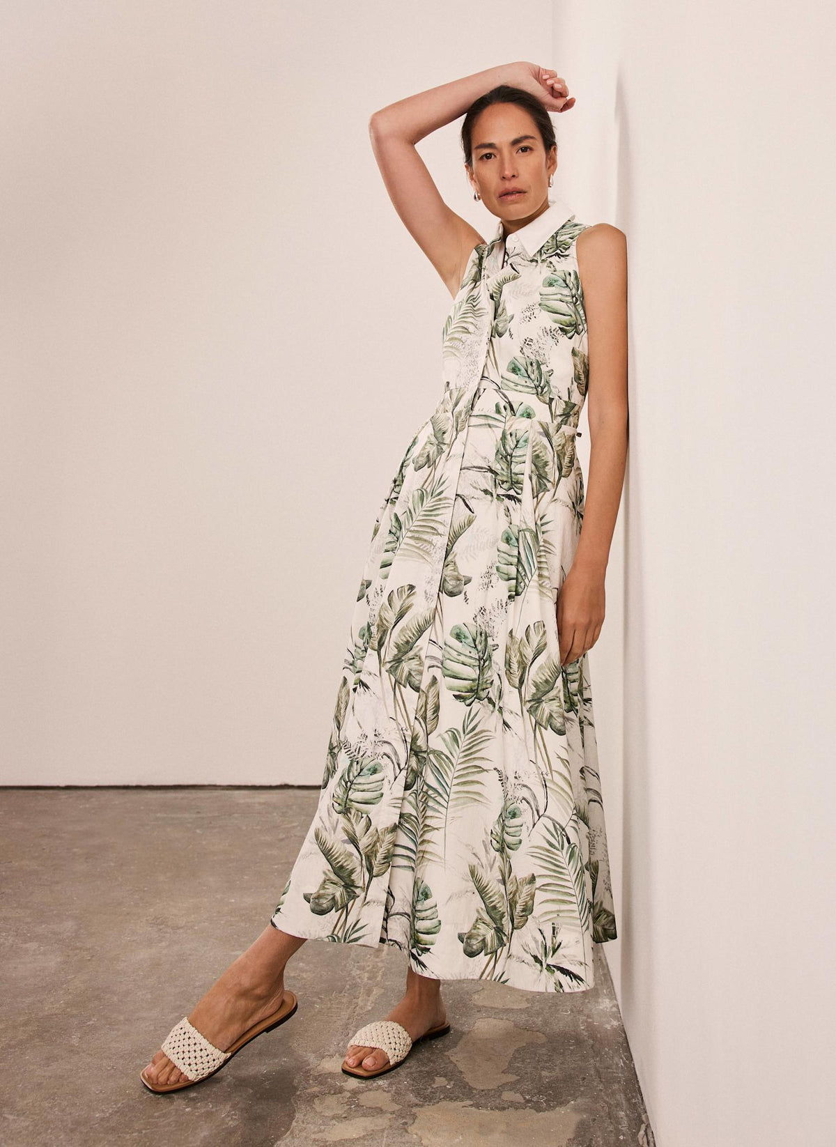 Green Palm Print Midi Shirt Dress