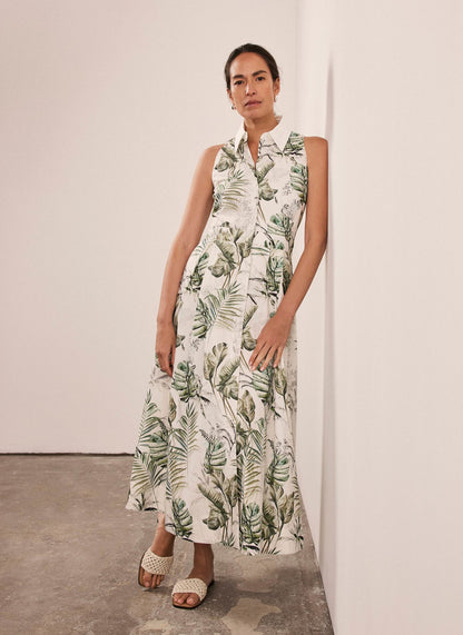 Green Palm Print Midi Shirt Dress