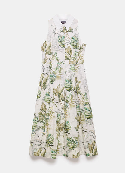 Green Palm Print Midi Shirt Dress