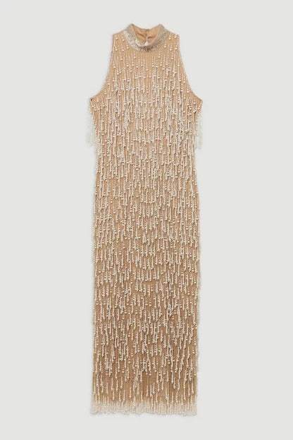 Pearl Tassel Embellished Halter Neck Woven Midi Dress