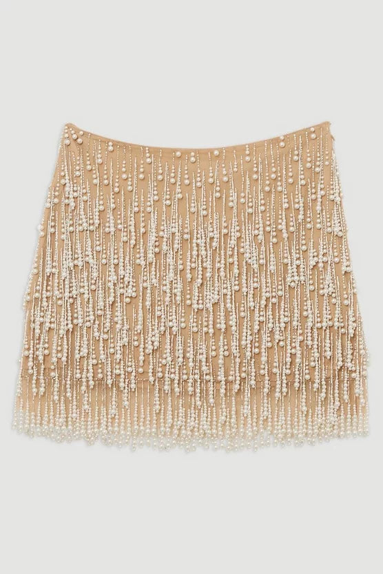 Pearl Tassel Embellished Woven Mini Skirt