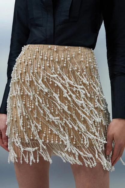 Pearl Tassel Embellished Woven Mini Skirt