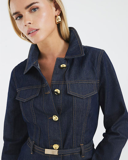 Indigo Denim Long Sleeve Belted Peplum Jacket | River Island