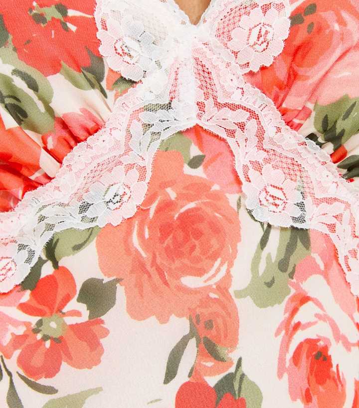Pink Floral Print Lace Trimmed Chiffon Midi Dress