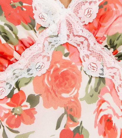 Pink Floral Print Lace Trimmed Chiffon Midi Dress