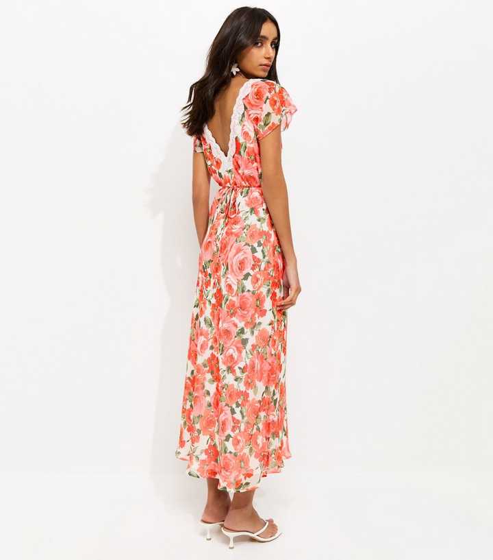 Pink Floral Print Lace Trimmed Chiffon Midi Dress