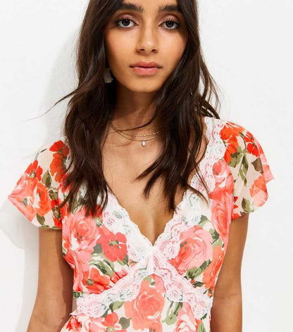 Pink Floral Print Lace Trimmed Chiffon Midi Dress