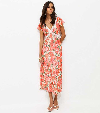 Pink Floral Print Lace Trimmed Chiffon Midi Dress