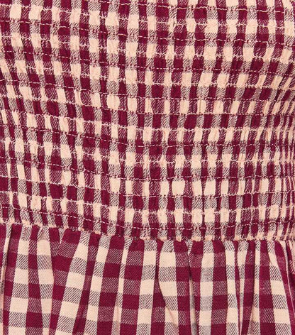 Pink Gingham Shirred Cropped Puff Sleeve Midi Dress