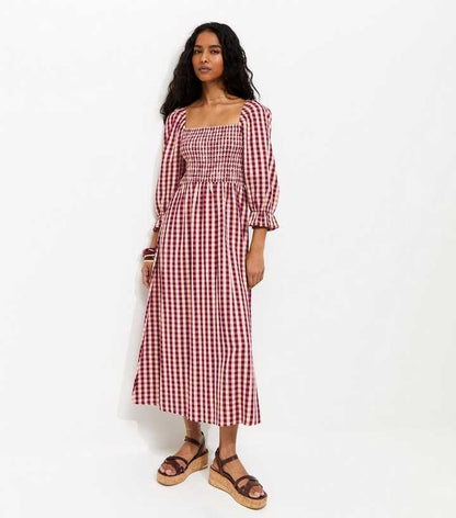 Pink Gingham Shirred Cropped Puff Sleeve Midi Dress