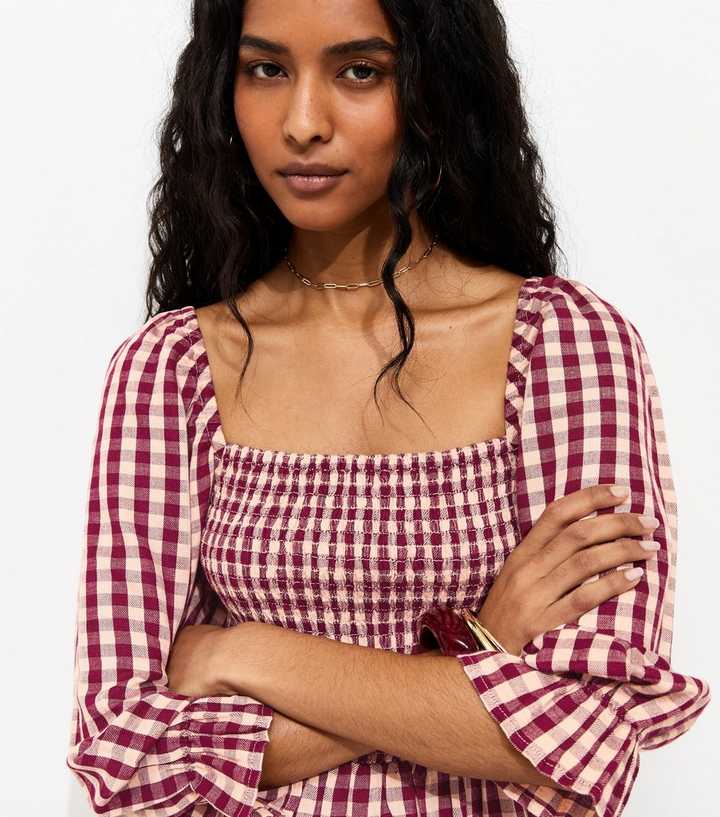 Pink Gingham Shirred Cropped Puff Sleeve Midi Dress