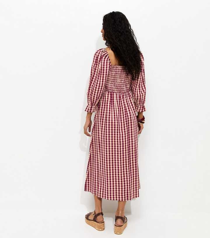 Pink Gingham Shirred Cropped Puff Sleeve Midi Dress