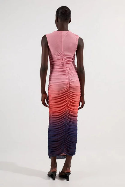 Sunset Ombre Mesh Ruched Jersey Maxi Dress