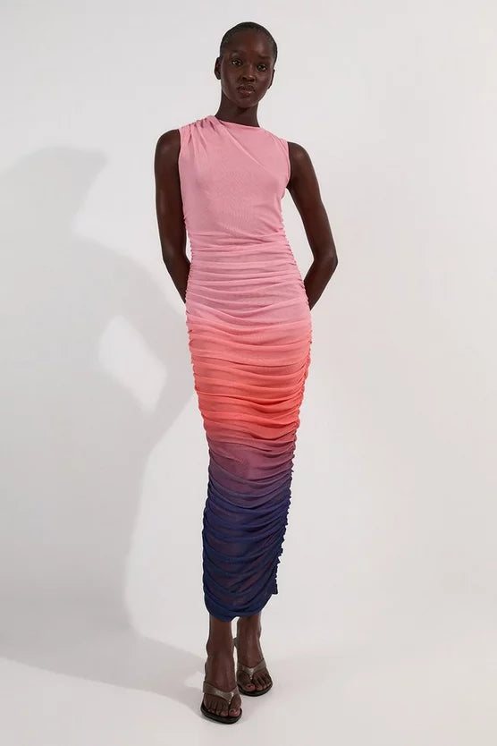 Sunset Ombre Mesh Ruched Jersey Maxi Dress