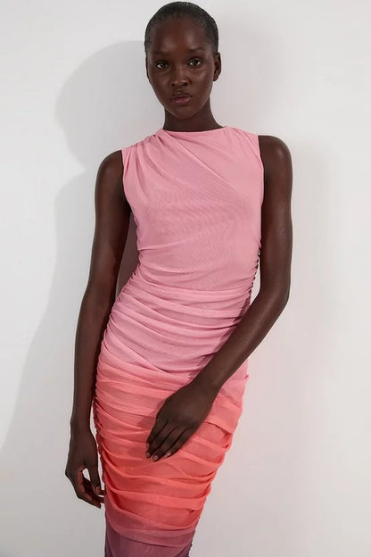 Sunset Ombre Mesh Ruched Jersey Maxi Dress