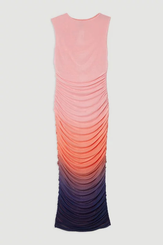 Sunset Ombre Mesh Ruched Jersey Maxi Dress