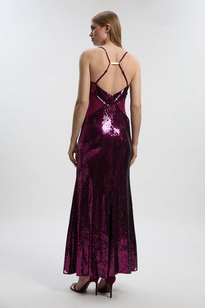 Sequin Power Mesh Lace Up Front Halter Neck Split Detail Maxi Dress