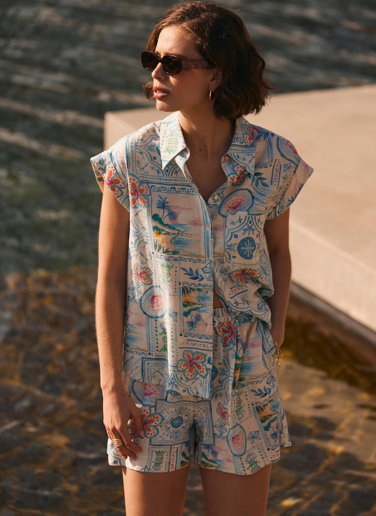 Cream Postcard Print Resort Shirt
