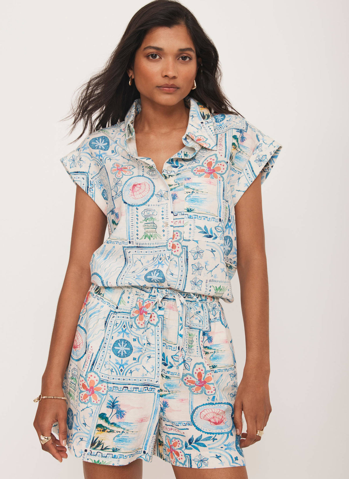 Cream Postcard Print Resort Shirt
