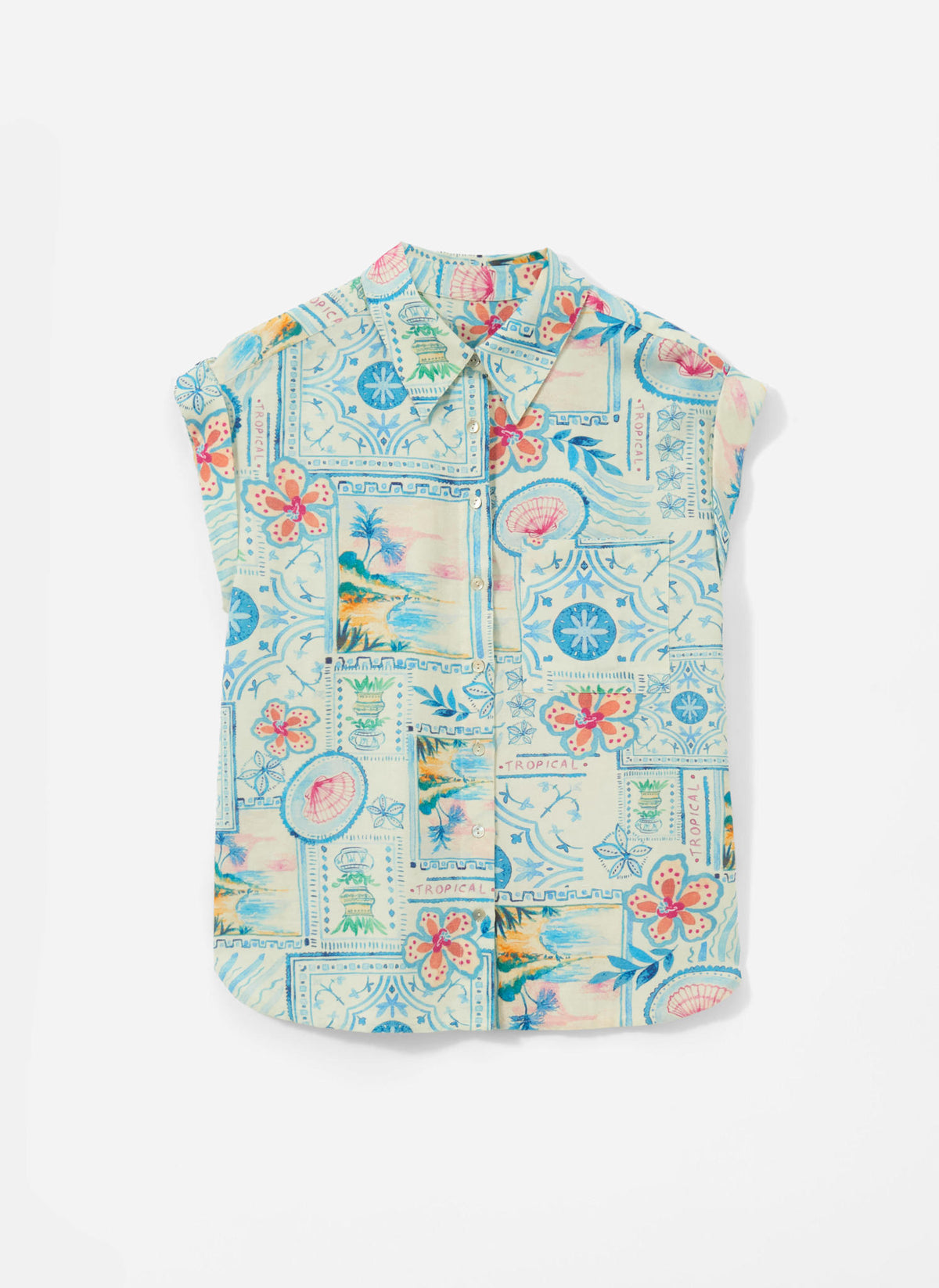 Cream Postcard Print Resort Shirt