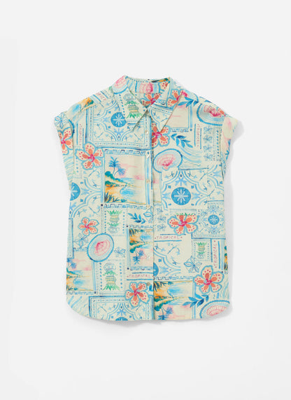 Cream Postcard Print Resort Shirt