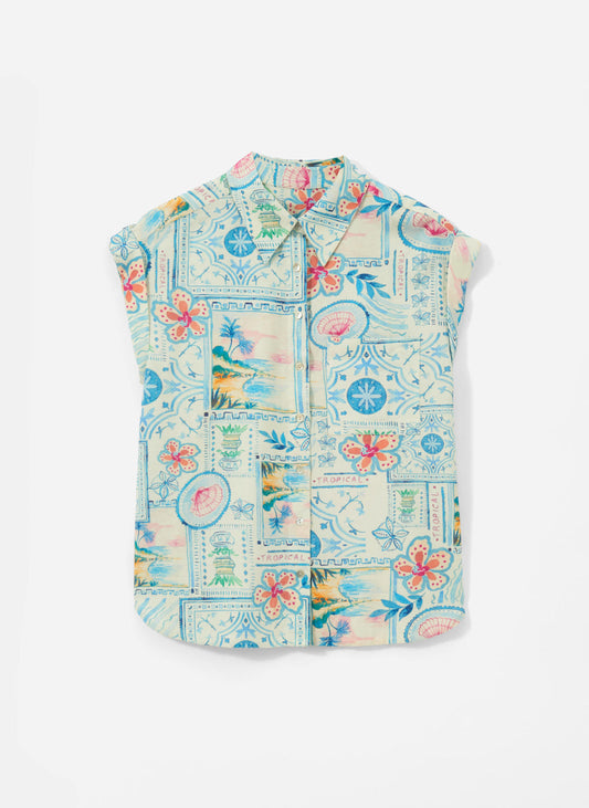 Cream Postcard Print Resort Shirt