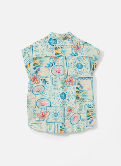 Cream Postcard Print Resort Shirt