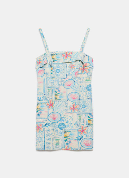 Cream Postcard Print Mini Shift Dress