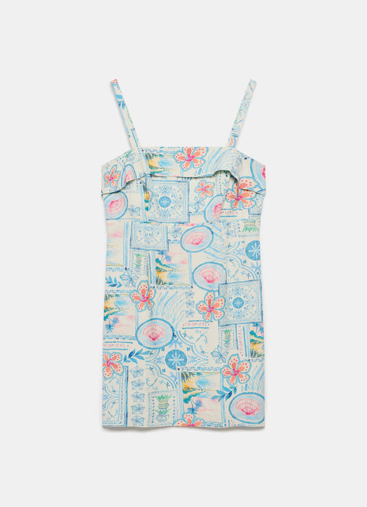 Cream Postcard Print Mini Shift Dress