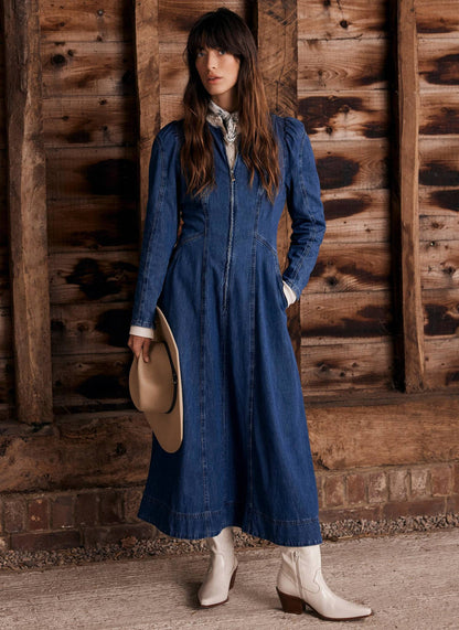 Indigo Puff Sleeve Denim Midi Dress