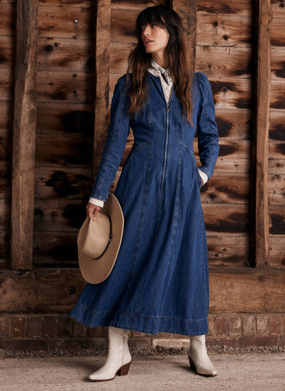 Indigo Puff Sleeve Denim Midi Dress