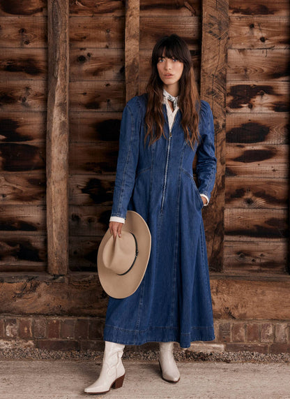 Indigo Puff Sleeve Denim Midi Dress