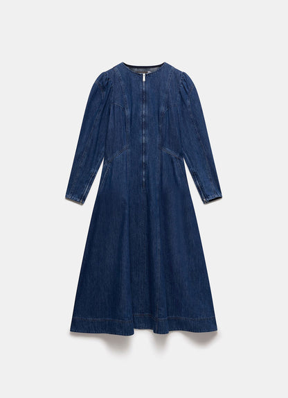 Indigo Puff Sleeve Denim Midi Dress