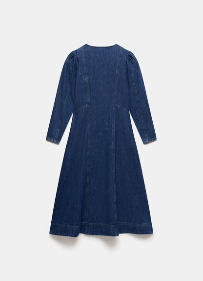 Indigo Puff Sleeve Denim Midi Dress