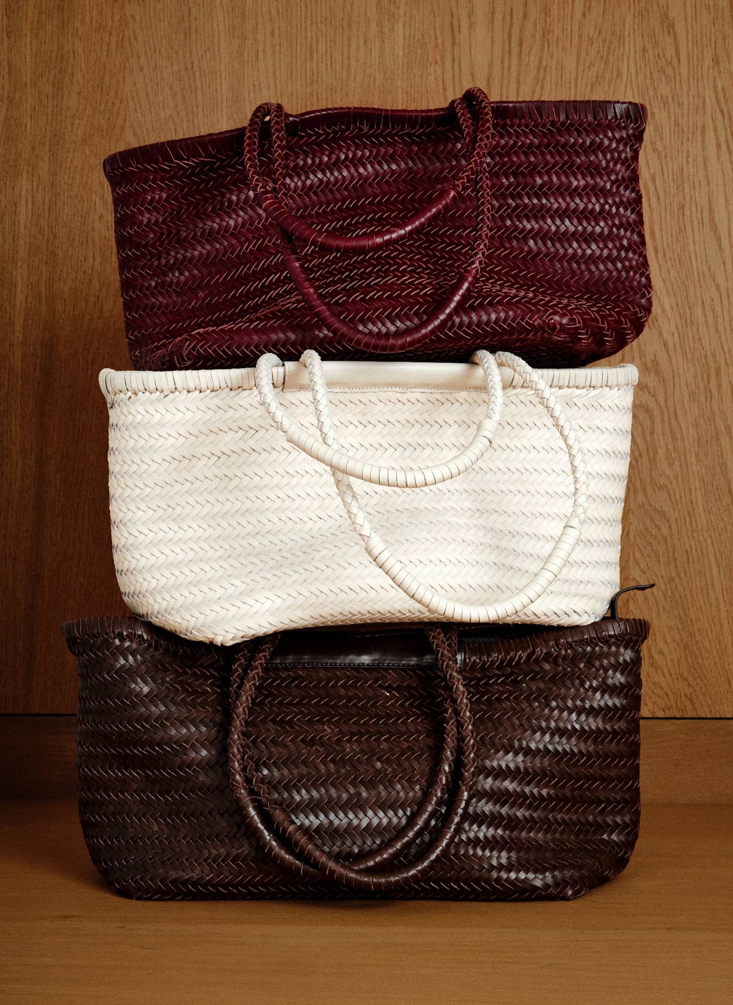 Rae Cream Leather Woven Tote Bag